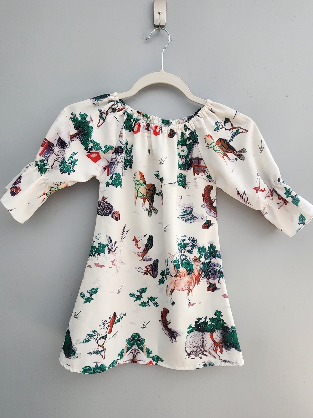 Cream Kids Dress with Old Fashioned Vintage Styly Christmas Print